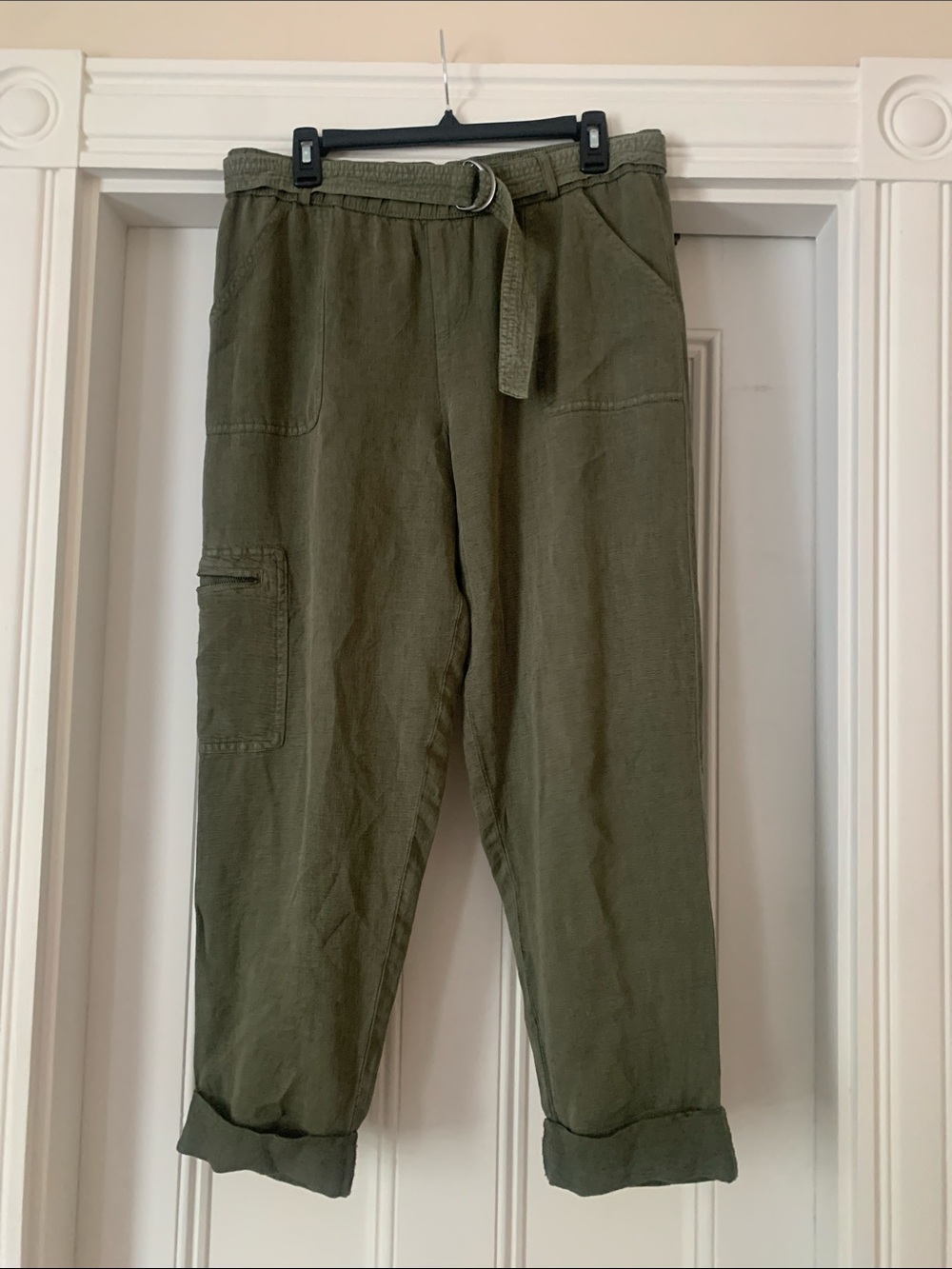Nicole Miller Olive Green Cargo Linen-Blend Pants with D-Ring Belt